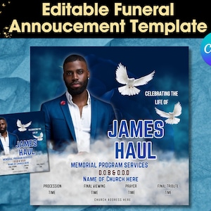 Memorial Funeral Announcement Flyer, Funeral Announcement Template, Funeral Invite Invitation, Rest In Peace Editable Flyer Editable Custom
