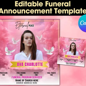 Memorial Funeral Announcement Flyer, Funeral Announcement Template, Funeral Invite Invitation, Rest In Peace Editable Flyer Editable Custom