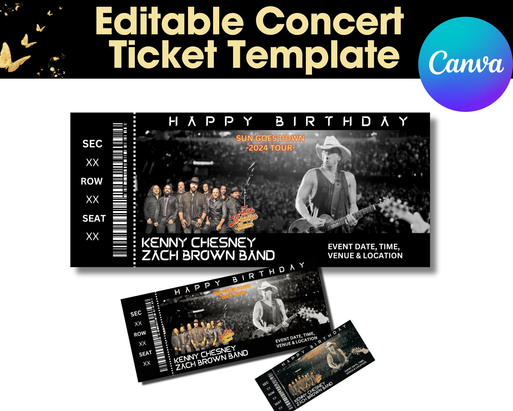 Editable Kenny Chesney Concert Ticket, Kenny Chesney Ticket, Zach Brown Band Concert, Sun Goes