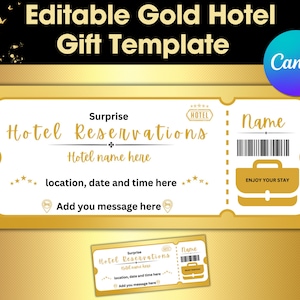Bono de Reserva de Hotel. Ticket Regalo Reserva de Hotel Sorpresa. Certificado de regalo de reserva de hotel. Bono Hotel Regalo Boleto Dorado