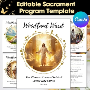 Modèle de programme LDS pour la Sainte-Cène - Programme personnalisable de réunion de Sainte-Cène - Modèle canva modifiable avec plusieurs options de mise en page de photos