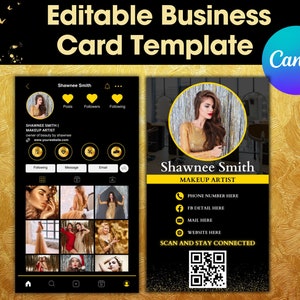 Business Card Template, Instagram Business Card, Beauty Artist Hair Nails Boutique, Black, Gold and White Business Card Canva Template