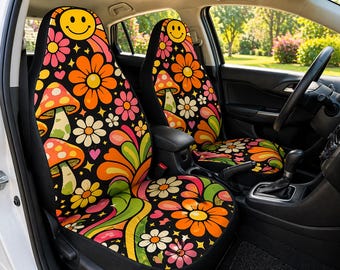 70s Hippie Retro Groovy Car Seat Covers, Mid Century Modern 70s Flower Power Vibe Car Seat Protector, Funky Mid Mod Car Decor
