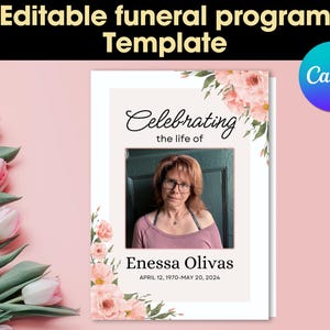 Pink Floral Funeral Program Template, Editable Memorial (Digital Download)