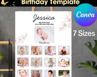 Baby's First Birthday Photo Collage Sign, Editable Canva Template (Digital Download