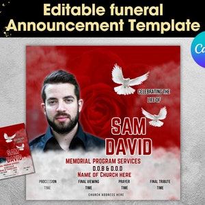 Memorial Funeral Announcement Flyer, Funeral Announcement Template, Funeral Invite Invitation, Rest In Peace Editable Flyer Editable Custom