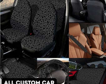 Black Leopard Car Seat Covers Dark Grey Cheetah Chic Aesthetic Auto Sun Shade for Vehicles Cute Animal Print Steering Wheel Cover for Women