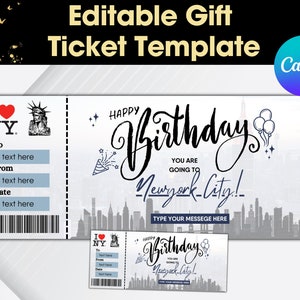 Modello di biglietto per viaggio di compleanno, buono viaggio a sorpresa per New York, carta regalo modificabile Canva, carta d'imbarco per viaggio di compleanno a New York