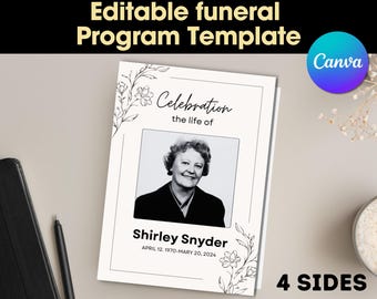 Plantilla de programa funerario con vegetación, plantilla editable para celebrar la vida (descarga instantánea)