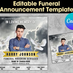 Memorial Funeral Announcement Flyer, Funeral Announcement Template, Funeral Invite Invitation, Rest In Peace Editable Flyer Editable Custom