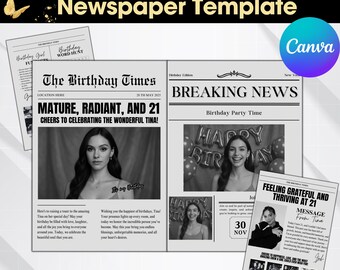 21st Birthday Newspaper Invite Template, Editable Canva (Digital Download)