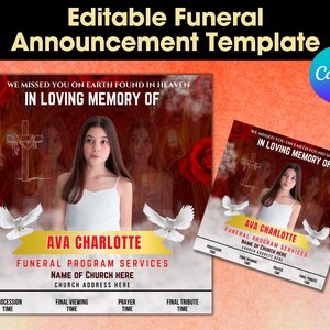 Memorial Funeral Announcement Flyer, Funeral Announcement Template, Funeral Invite Invitation, Rest In Peace Editable Flyer Editable Custom