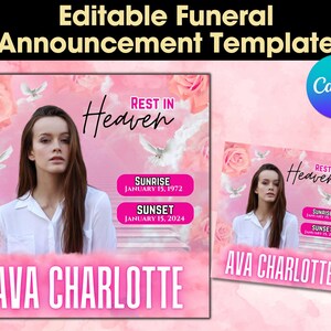 Memorial Funeral Announcement Flyer, Funeral Announcement Template, Funeral Invite Invitation, Rest In Peace Editable Flyer Editable Custom