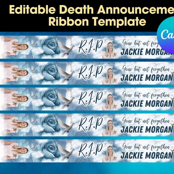 Blue Memorial Ribbon Template | Death Announcement Ribbon | Memorial Design