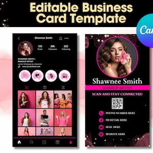 Cartes de visite Instagram, DIY modèle canva, Carte de cils noire et rose, Cartes de salon de maquilleur, Carte de visite beauté cils préfabriquée
