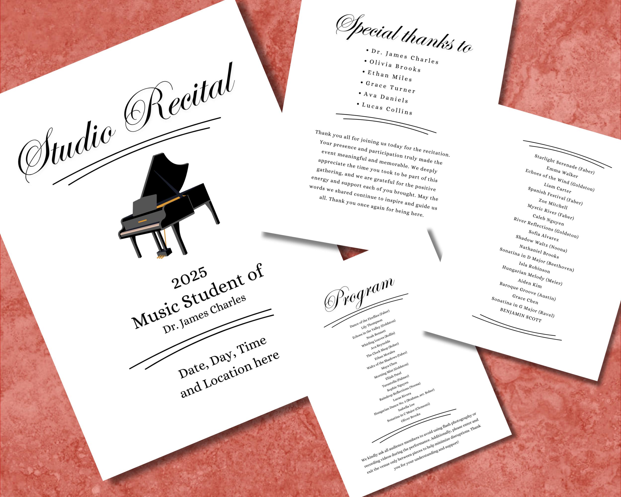 Piano Program Graphics Elegant Music Recital Program Template, Minimalist Piano Design (canva ...