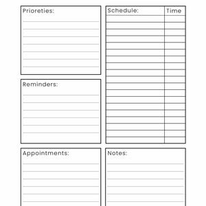 Peut inclure: Un modèle de planificateur quotidien en noir et blanc avec un en-tête portant le texte DAILY PLANNER, une ligne de date et les jours de la semaine. Il comprend des sections pour Prioreties, Schedule avec colonne horaire, Reminders, Appointments et Notes.