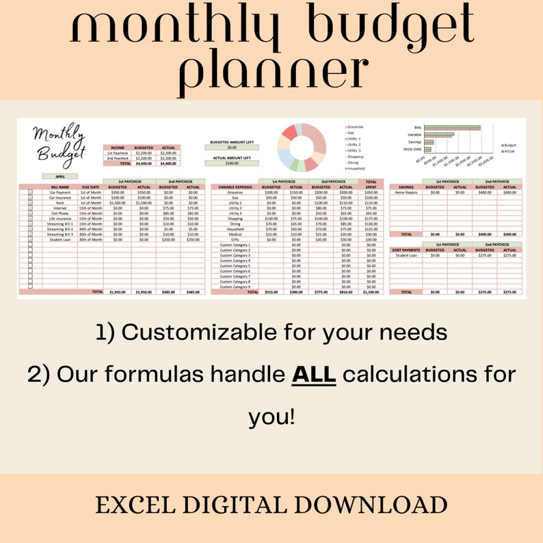 Monthly budget planner sheet digital finance budget spreadsheet