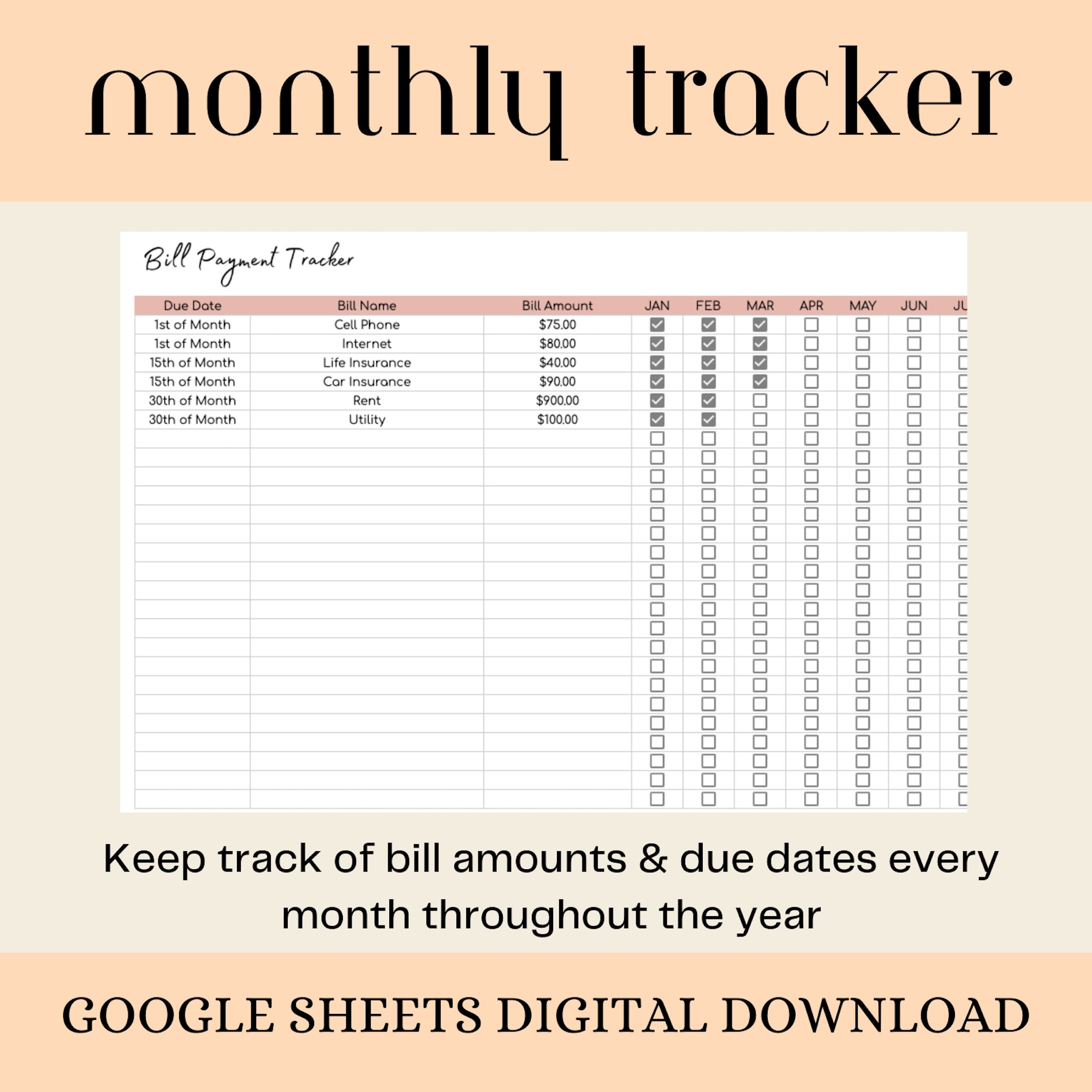 Bill Tracking Spreadsheet Bill Payment Tracker Template Sheet Google ...