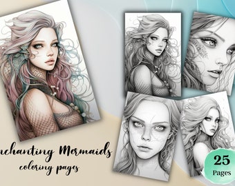 Enchanting Mermaid portrait | Printable adult coloring pages | Greyscale illustration | instant Download