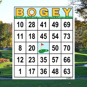 May include: A blue and yellow bingo card with the word "BOGEY" at the top. The card has a golf ball and flag on it. The numbers on the card are 10, 28, 41, 49, 69, 11, 18, 45, 54, 73, 8, 20, 50, 70, 12, 23, 35, 57, 66, 1, 17, 36, 48, 63. The card is labeled "CARD 1".
