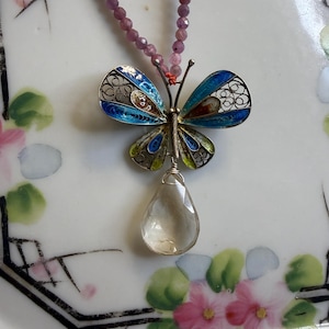 Vintage Blue Butterfly Pendant Necklace, Rutilated Quartz Gemstone, Sterling Silver Artisan Jewelry, Nature Inspired Gift