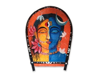 Hara Parvati hand painted on kulo / Lord Shiva , Shiv Parvati / Ardhanarishvara / bengal art / Durga Shiva painting / living room decor