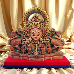 May include: A detailed sculpture of a deity, featuring a crown and ornate jewellery. Two figures play drums on either side. The sculpture is set on a red and blue base. The colors are vibrant.