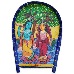 Arushis Radha Krishna painting wall decor, Traditional Kalighat style Radha Krishna hand painting, Radha Krishna wall hanging, 44/34cm
