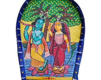 Arushis Radha Krishna painting wall decor, Traditional Kalighat style Radha Krishna hand painting, Radha Krishna wall hanging, 44/34cm
