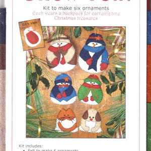 SNOW FOLK Felt Christmas Ornament Kit | Rachel's of Greenfield #KO406 | 6 Motifs - 4, Snowmen, Dog & Cat w/ Back Pockets | Felt Floss Eyes