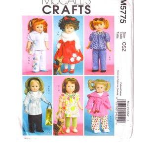 Uncut FF 18" Doll Clothes Outfits Sewing Pattern | McCall's M5775 | 2008 | 3 Tops; Trench Coat; Robe; PJ Pant; Leggings; Dress; Stuffed Dog+