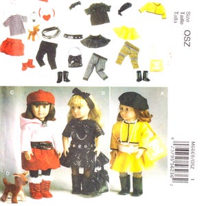May include: McCall's Crafts M6669 sewing pattern for doll clothing. The package displays various outfits including a striped shirt, red skirt, black leggings, yellow jacket, and accessories. Three dolls are shown wearing these outfits in styles A, B, C, and D.