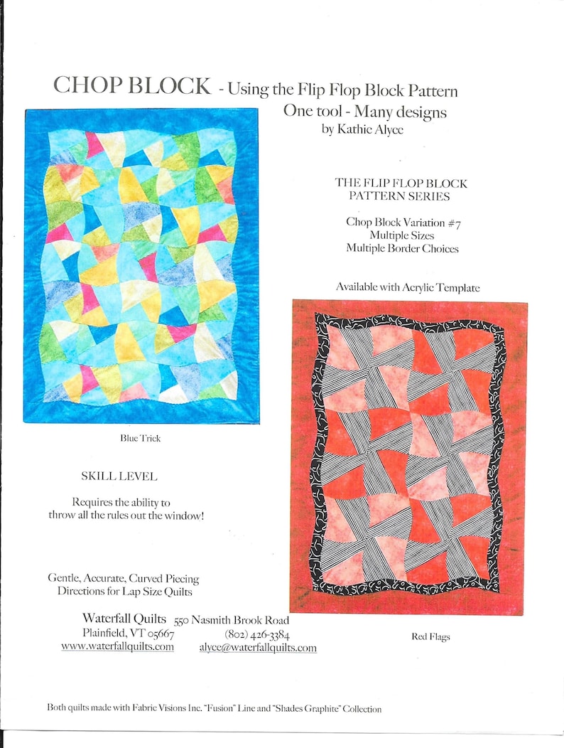 May include: A printed page featuring two quilt designs. The top quilt, titled "Blue Trick," showcases a colorful patchwork pattern within a blue border. The bottom quilt, "Red Flags," displays a red and black geometric design. Text includes "CHOP BLOCK" and "Waterfall Quilts."