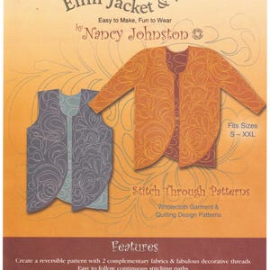 Può includere: Un cartamodello Golden Threads Elfin Jacket & Vest di Nancy Johnston. La copertina presenta illustrazioni di un gilet e una giacca con motivi di cucitura a vortice, testo che indica le taglie S-XXL e un elenco di caratteristiche per la trapuntatura.