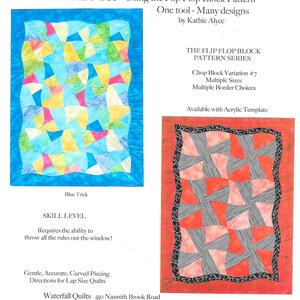 May include: Two quilt patterns are displayed. The left quilt, titled "Blue Trick," features a patchwork design in shades of blue, yellow, and pink, framed by a blue border. The right quilt showcases a red and black design. Text includes "The Flip Flop Block Pattern Series."