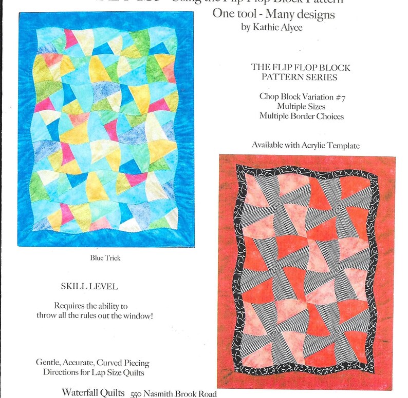 May include: Two quilt patterns are displayed. The left quilt, titled "Blue Trick," features a patchwork design in shades of blue, yellow, and pink, framed by a blue border. The right quilt showcases a red and black design. Text includes "The Flip Flop Block Pattern Series."