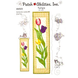 May include: A fabric panel with a tulip design in red, purple, and yellow. The panel measures 15 cm by 56 cm and has a light yellow background with a floral pattern. The text "Tulips" is visible.