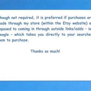 以下が含まれることがあります： 青い背景に白いカードがあり、青い文字で書かれています。「必須ではありませんが、私の店を通じて購入されることをお勧めします...どうもありがとうございます！」