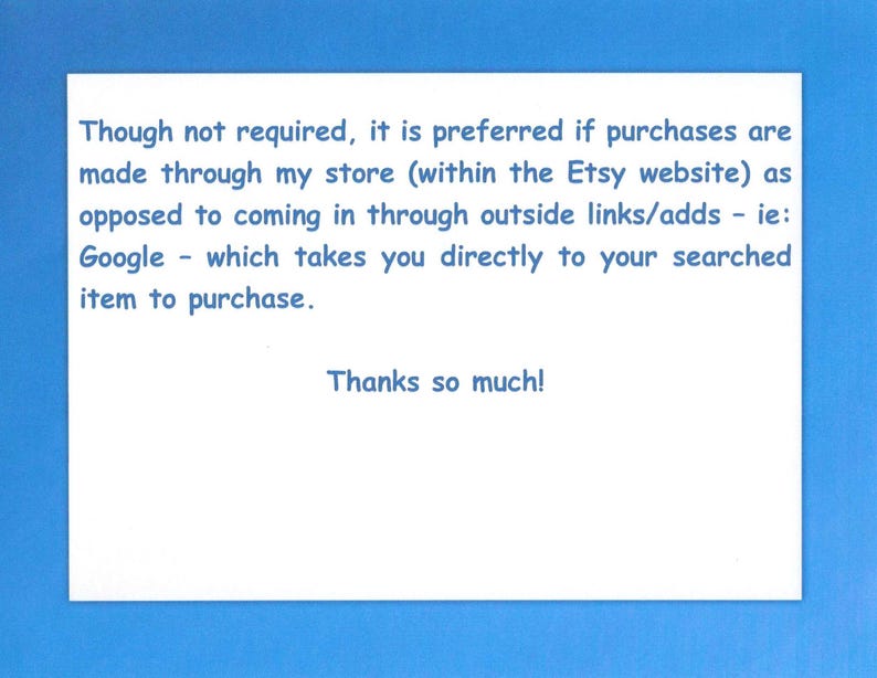 以下が含まれることがあります： 青い背景に白いカードがあり、青い文字で書かれています。「必須ではありませんが、私の店を通じて購入されることをお勧めします...どうもありがとうございます！」