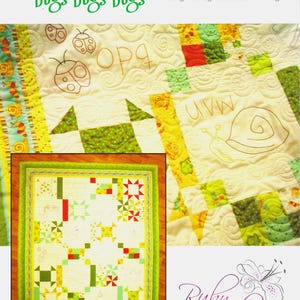 Könnte beinhalten: Ein Quilt-Muster mit dem Titel Alphabet Stitchery: Bugs Bugs Bugs von Rebecca Silbaugh für Ruby Blue Quilting Studio. Das Design zeigt gestickte Marienkäfer, Schnecken und Buchstaben auf einem cremefarbenen Hintergrund mit grünen, gelben und roten Stoffblöcken.