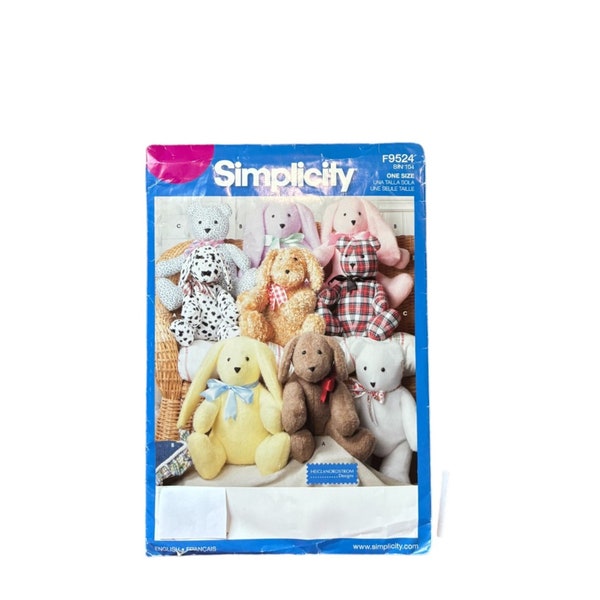 14" STUFFED ANIMAL Dog Rabbit Bear | Sewing Craft Pattern | 6 Pc | Simplicity F9524 | 2010 | Heigl & Nordstrom Designs