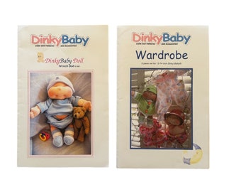 Choice of Uncut DINKY BABY Vintage 14&quot; Stuffed Doll Pattern #003 dated 1981  OR  6 Piece Set Wardrobe Pattern for 13-14&quot; Doll dated 2006
