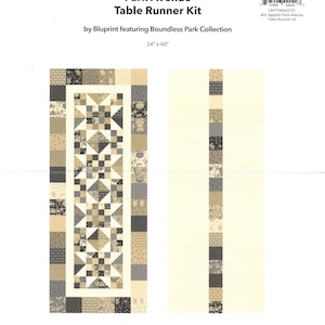 May include: Bon Appetit Park Avenue Table Runner Kit by Bluprint featuring Boundless Park Collection. The table runner is 24 inches by 60 inches. The design features a patchwork pattern in neutral tones of beige, gray, and black.