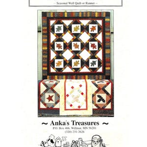 May include: A promotional image for "For All Seasons" wall quilts and runners. The image features a large quilt with leaf patterns and smaller runners with star and floral designs. The text "Anka's Treasures" is also visible.