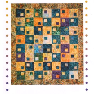 May include: A quilt pattern titled Habitat by Fourth & Sixth Designs, model FS400. The quilt features a grid of squares in shades of teal, orange, and purple with smaller inset squares. It is framed by a border with a leaf-like pattern.