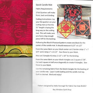 May include: A page from a sewing pattern for a Quick Candle Mat, featuring fabric requirements and cutting instructions. The image includes examples of finished candle mats with geometric designs and a red fabric sample.