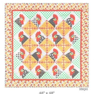 May include: A square quilt, 122 cm x 122 cm, with a repeating pattern of chickens. The chickens have red combs and beaks, black and white checkered bodies, and are set against yellow and white diamond shapes. The quilt has a floral border.