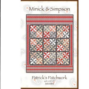 May include: A colorful patchwork quilt with a geometric design. The quilt features a repeating pattern of squares in red, white, gray, and tan. The quilt measures 68" x 85". The text "Minick & Simpson" and "Patrick's Patchwork" are displayed.