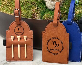 Zodiac Signs with Traits Monogrammed Golf Bag Tag, Vegan Leather Golf Bag Tag, Father's Day Gift, Gift for Dad, Customized Golf Tag